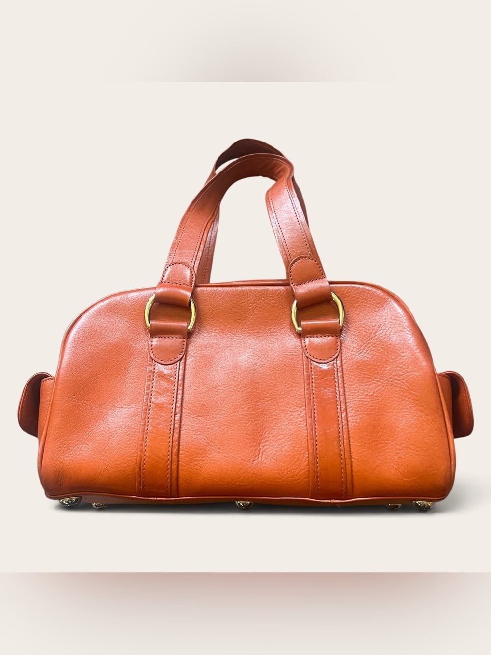 Mulholland Classic Orange Leather Satchel Purse Bag w Double Handles Int Pockets